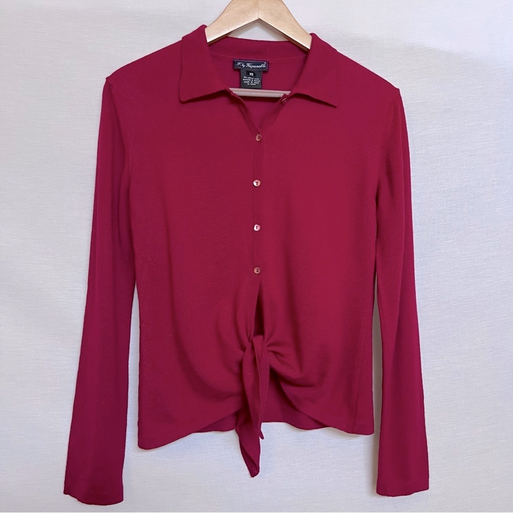 Faconnable Red 100% Merino Wool Long Sleeve Button Down Tie Cardigan